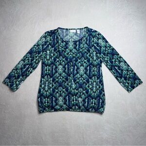 Chicos Blue Green Print Top Small Long Sleeve Stretch Blouse Work Casual Size 0